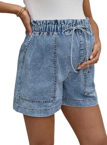 BLENCOT Women Maternity Jeans Shorts High Rise Stretchy Drawstring Plus Size Denim Summer Workout Pregnancy Comfy Clothes with Pockets X-Large Sky Blue - Image 1