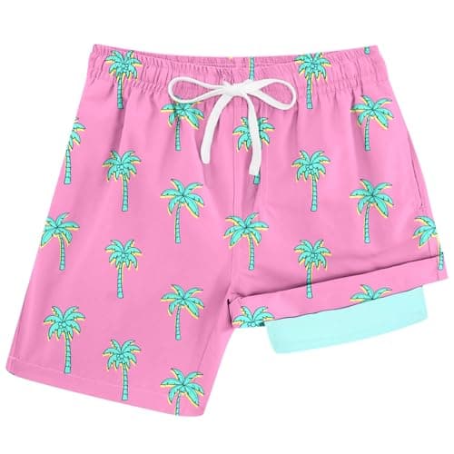 Cozople Swim Trunk for Boys Coconut Trees Swim Short Commpression Anti Chafe Pink Swimsuit UPF Bathing Suit Boxer Brief Swimwear for Outdoor Size 8 - Image 1