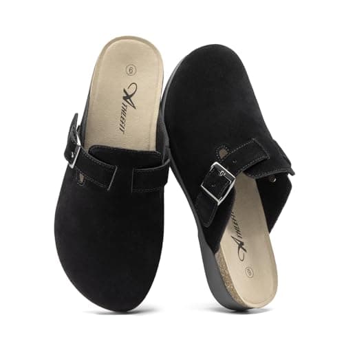 Athlefit Womens Clogs Casual Soft Footbed Black Mules Buckle Arch Support Potato Shoes for Women Leather Clogs for Walking House Office Everyday Wear 10