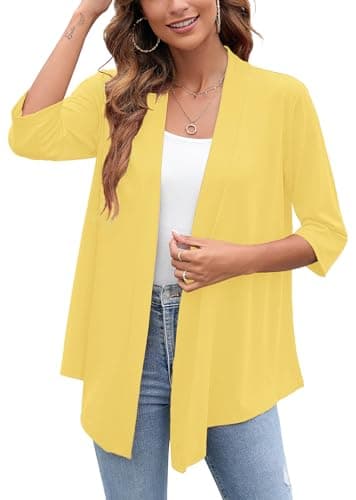 Heymoments Cardigan for Women Draped Yellow XXX-Large Open-Front 3/4 Sleeve Lightweight Casual Soft Drape Summer Fall Kimonos Cardigans - Image 1