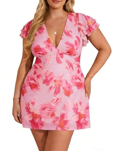 Beautife Women's Plus Size Floral Dress Summer Deep V Neck Ruffle Cap Sleeve Bodycon Mesh Cocktail Party Club Mini Dresses Pink - Image 1