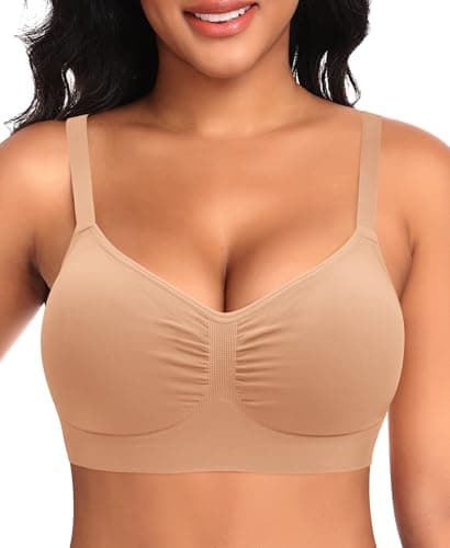 Wireless Sewn in Padded Bras for Women No Underwire T Shirt Bralettes Full Coverage Comfortable Everyday Bra(#01 Latte(Padded),Large) - Image 1