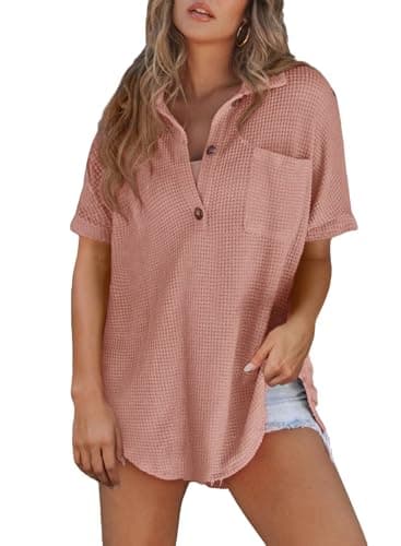 Astylish Women Henley Short Sleeve Shirt V Neck Breathable Solid Oversized Button Up Blouse Waffle Spring Summer Top Tunics Dusty Pink Small - Image 1