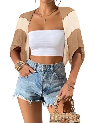 BB&KK Womens Shrug Lightweight Batwing Short Sleeve Stripped Summer Bolero Cropped Sweater Cardigan for Dress - Image 1