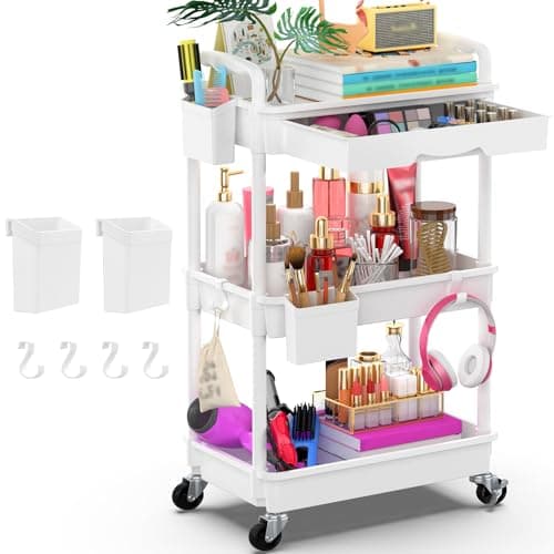 Goovilla 3 Tier Rolling Utility Cart Organizer with Removable Drawer, Stable and Sturdy White Rolling Storage Carts with 2 Lockable Wheels for Bathroom, Kitchen, Snack, Craft, Makeup, Baby Essentials - Image 1