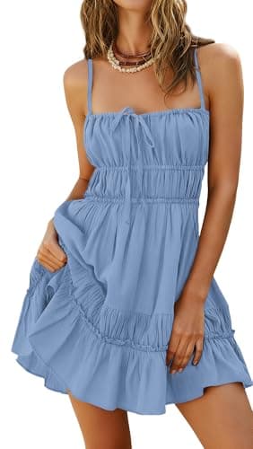 Kate Kasin Womens Sleeveless Backless Mini Dress, Summer Boho Dresses with Pockets, Beach Vacation Flowy Sundress Sky Blue - Image 1