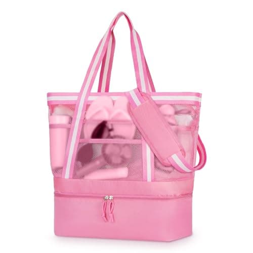 WOOMADA Beach Tote Bag With Cooler, Large Mesh Beach Bags for Women with Wet Pocket, Pool, Swim, Travel Essentials(Hot Pink White) - Image 1