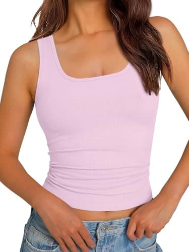 GKBK Women Built-in Bra Tank Tops Sleeveless Crewneck Rib Knit Shirts Slim Fit Basic Tee Tops Pink S - Image 1