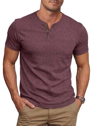 NITAGUT Mens Henley Shirts Short Sleeve Cotton Casual T-Shirts for Men Comfort Button Summer Tee with Pocket, Vg Red, Small - Image 1