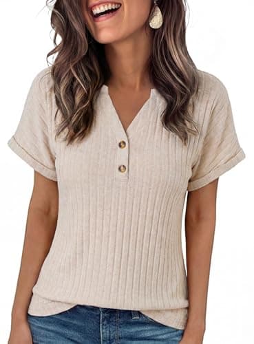 Pleneal Womens Summer Tops 2026 Spring Henley Tops V Neck Button Casual Dressy Summer Blouses Sweater Trendy Cute Tunic Tee L Apricot - Image 1