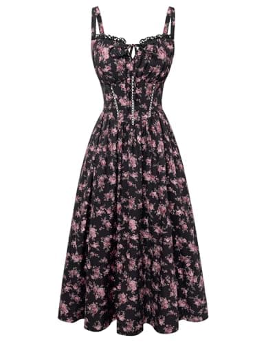 Scarlet Darkness Women 2026 Floral Corset Dress Summer Milkmaid Sundress Wedding Guest Dresses with Pockets Black Pink Floral S - Image 1