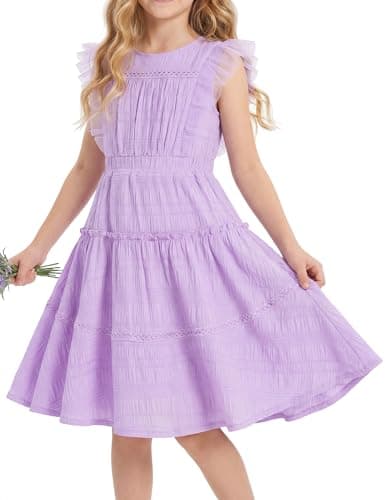 GRACE KARIN Girls Sleeveless Summer Dress, Ruffle Tiered Easter Spring Party Dresses for Little Kids Size 7,Lilac Purple
