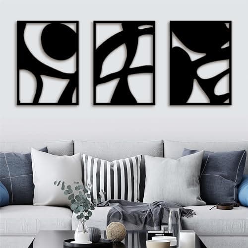 Black Abstract Metal Wall Art Decor for Living Room Bedroom Bathroom Home Black and White Wall Art Minimalist Line Wall Décor 3D Texture Metal Sculptures Modern Hanging Wall Decor 3 Piece - Image 1