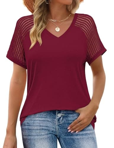JUSTFASHIONNOW Short Sleeve Blouses for Women Dressy Casual Summer Tops Business Work V Neck Shirts Spring Clothing(Wine Red,Small - Image 1