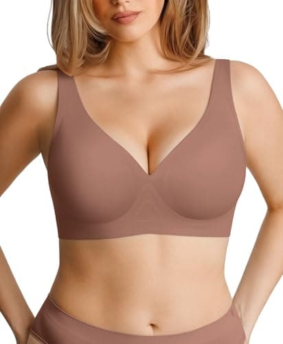 Wireless Bra Pushup Bras for Women Seamless Bras with Support and Lift Comfortable Bralettes No Underwire Deep V Tshirt Bra Coffee - Image 1