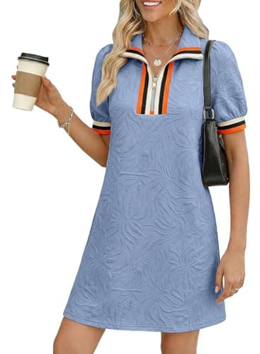 BLENCOT Summer Dresses for Women Casual Half Zip V Neck Puff Short Sleeve Mini Dress Beach Sundress with Pockets Sky Blue XL - Image 1