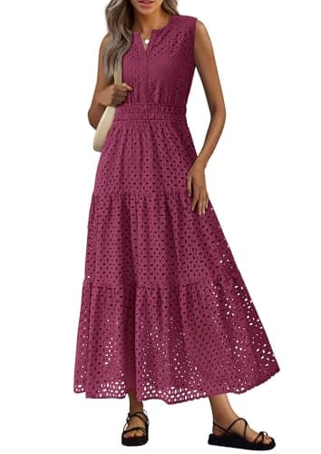 PRETTYGARDEN Womens 2026 Summer Maxi Dresses Sleeveless Sundresses V Neck Eyelet A Line Long Flowy Spring Wedding Guest Dress (Burgundy,Large) - Image 1