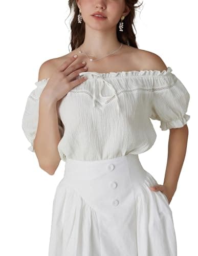 Peasant Blouse for Women Off Shoulder Puff Sleeve Cotton Loose Summer Tops Ivory S - Image 1