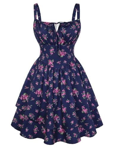 Scarlet Darkness Floral Mini Corset Dress for Women Teen 2026 Summer Spring Flowy A-Line Sundress with Pockets Navy Fuchsia Floral S - Image 1
