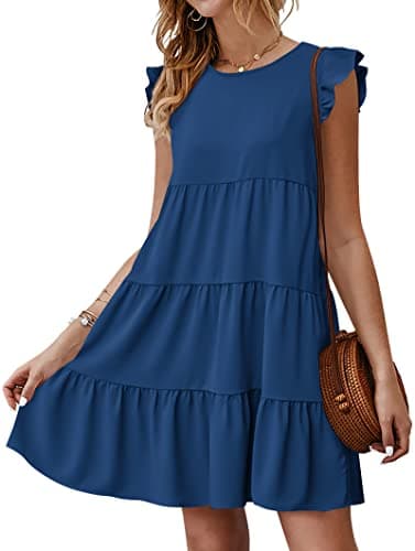 KIRUNDO Casual Summer Dresses for Women Sleeveless Ruffle Sleeve Round Neck Solid Loose Short Flowy Pleated Mini Babydoll Dress(Dark Blue, X-Large) - Image 1