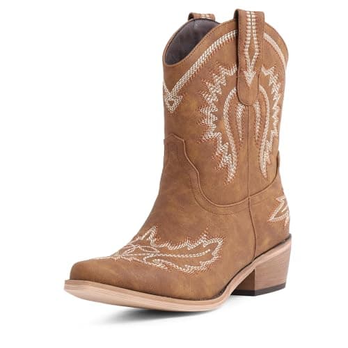 LingxiaUne Cowboy Boots for Women,Brown Ankle Cowgirl Boots Chunky Heel,Short Western Booties with Embroidery, Comfortable Block Low Heel Boot Wide Calf, Women's Snip Toe Cowgirl Boot - Image 1