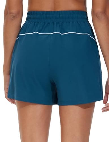 THE GYM PEOPLE Women's High Waist Running Shorts with Pockets Loose Fit Lightweight Workout Yoga Athletic Tracks Dark Blue Green - Image 1