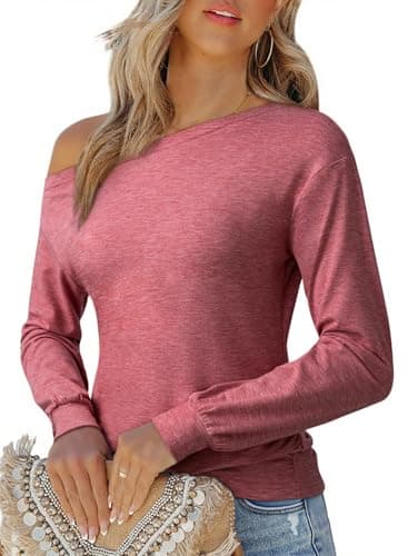 EVALESS Going Out Tops for Women T Shirts 2025 Fashion Trendy Sexy Drop-Shoulder Tops Spring Summer Fall Asymmetrical Boat Neck Long Sleeve Blouses,Pink Large - Image 1