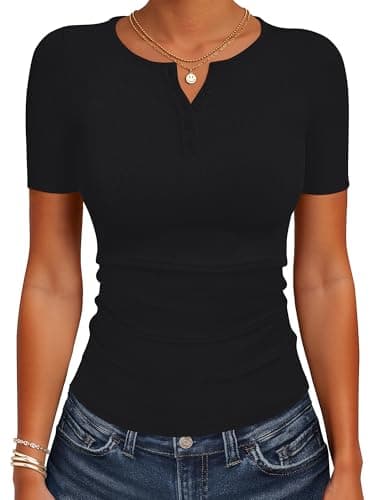 ANRABESS Womens Tops Short Sleeve Henley Shirts 2026 Summer Ribbed Slim Fit Basic Casual Tee Blouse Trendy Spring Clothing Black Small - Image 1