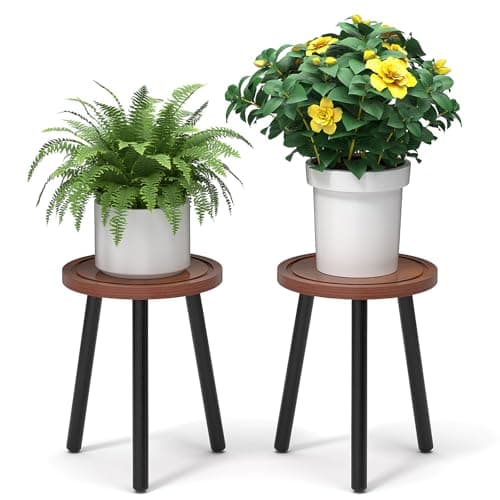 Vecxoty 2-Pack Wood Plant Stands Indoor, 16.7" Tall Plant Stand Outdoor Mid-Century Plant Stool, Single Plant Table Modern Small Round Side/End Table for Living Room, Balcony, Office(Brown) - Image 1