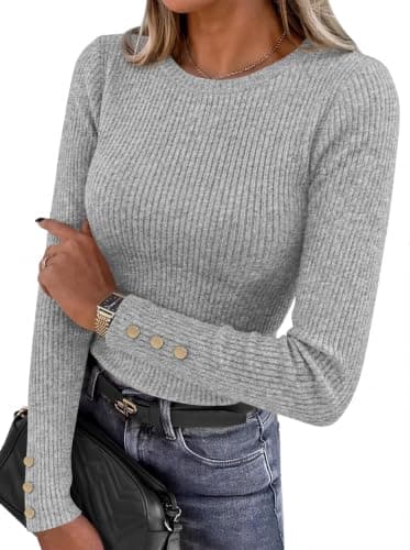 MASCOMODA Fall Long Sleeve Shirts for Women Dressy Crewneck Ribbed Knit Work Tops with Button Cuffs Business Casual Outfits(Grey,Medium) - Image 1