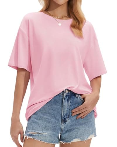 Stelle Women Crew Neck Short Sleeve T Shirts Oversized Summer Tops Loose Fit Soft Basic Tee Shirt Pink XX-Large - Image 1
