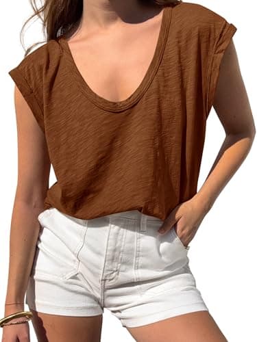 BTFBM Womens Tops Going Out Casual Oversized Summer Basic Tees 2026 V Neck T Shirts Trendy Blouse(Light Brown,Medium) - Image 1