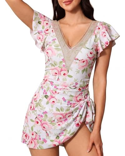 One Piece Swimsuit Women, Womens One Piece Swimsuits Tummy Control Swimdress for Women Vintage Bathing Suit V Neck Ruffle Lace - Image 1
