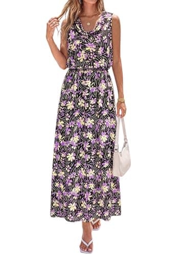 PRETTYGARDEN Floral Dress for Women 2026 Spring Formal Sleeveless Cowl Neck Graduation Summer Wedding Guest Maxi Long Dresses(Flower Black Purple,Small) - Image 1