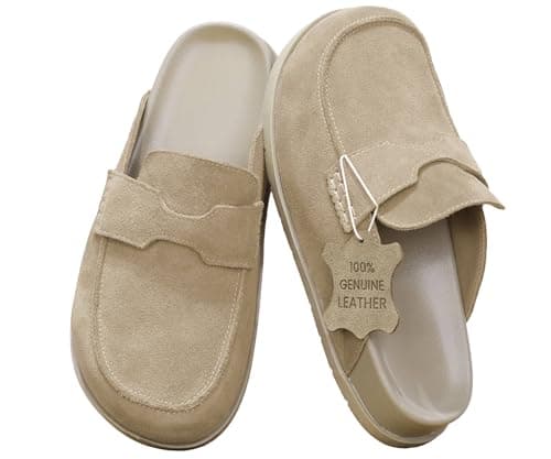 BLUEAGLE 100% Genuine Leather Women's Suede Clogs Slip On Mules with Memory Foam Arch Support & Non-Slip Sole Platform Shoes Taupe - Image 1