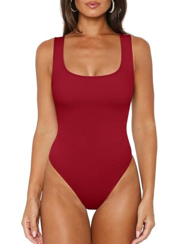REORIA Tank Top Bodysuits for Women Ribbed Scoop Neck Sleeveless Slimming Basic Body Suit Tops Going Out Outfits 2026 Summer Red Small - Image 1