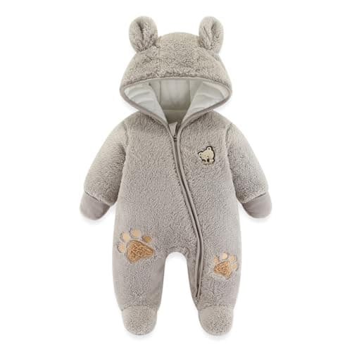 JiAmy Newborn Baby Winter Hooded Romper, Cartoon Zipper Footie Fleece Snowsuit Jumpsuit Outfits Grey 6-9 Months