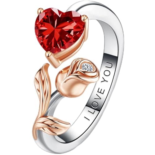 1CT Rose Heart Adjustable Ring 6.5~8 Ruby Ring White Gold Plated Ruby VVS1 D Clarity 18K Rose Gold Gift for Wife Mother Daughter Birthday Wedding Engagement Christmas Anniversary Mothers Day Gift for Mom Bride - Image 1