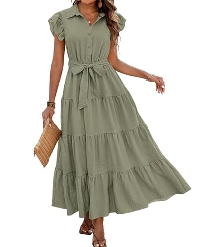 dowerme Women's Summer Casual Dresses 2025 Cap Ruffle Sleeve V Neck Button Belted Tiered Boho Maxi Dress with Pockets(Grey Green,X-Large) - Image 1