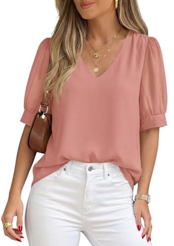 PRETTYGARDEN Womens Tops Dressy Casual Puff Sleeve Chiffon Blouses V Neck Business Work Shirts 2026 Summer Fashion Clothing (Pink,Large) - Image 1