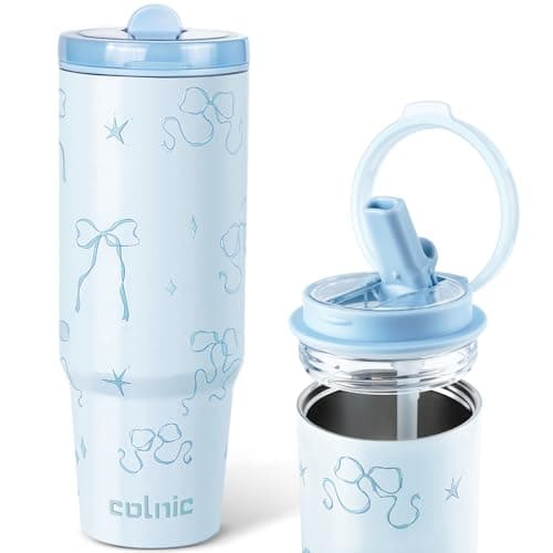 Colnic 30 oz Bow Tumbler with Straw and Handle, Cute Water Bottles for Women Girls Cup,Insulated Travel Coffee Tumbler, Leak Proof Stainless Steel Coffee Mug, Aesthetic Coquette Bows Cups (Blue) - Image 1