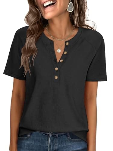 ANRABESS Women Waffle Knit Tops Short Sleeve Henley Shirts Dressy Casual Blouse 2026 Spring Fashion Outfits Trendy Clothes Black X-Large