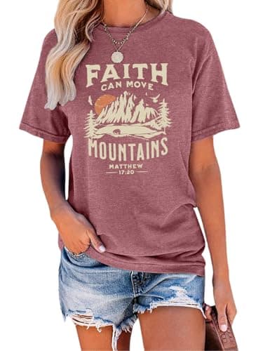 GEMLON Christian Shirts for Women Faith T-Shirt Ladies Hiking Camping Mountain Short Sleeve Graphic Tees Pink Shirts - Image 1