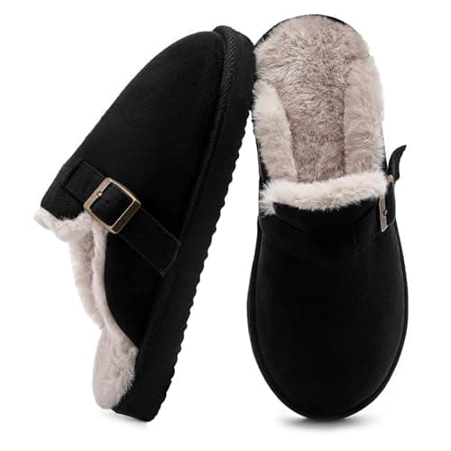 VANSARTO Women's Fuzzy Suede Slippers Faux Fur Memory Foam Scuff Slippers Warm Winter Slip-On House Shoes with Adjustable Buckle Indoor and Outdoor, Black, Size 5-6 - Image 1