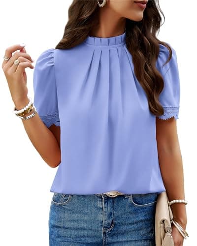 BTFBM Women Blouses Dressy Casual 2026 Summer Tops High Neck Lace Trim Short Sleeve Business Work Shirts Spring Clothes(Blue, Large) - Image 1