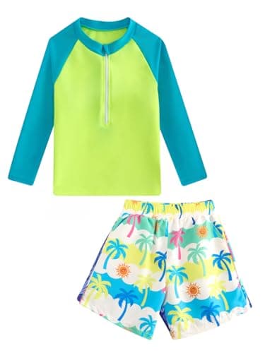 Boys Rash Guard Swimsuits 2 Piece Swim Set Zipper Long Sleeve Bathing Suit with Swim Trunks Blue Green 9-10 Years - Image 1