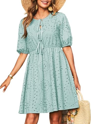 Dokotoo Sun Dresses for Women 2026 Short Sleeve Dresses Cotton Tie Front V Neck Casual Dress Lantern Sleeve A-Line Sundresses High Waist Cute Blue Dress for Beach Party Small - Image 1