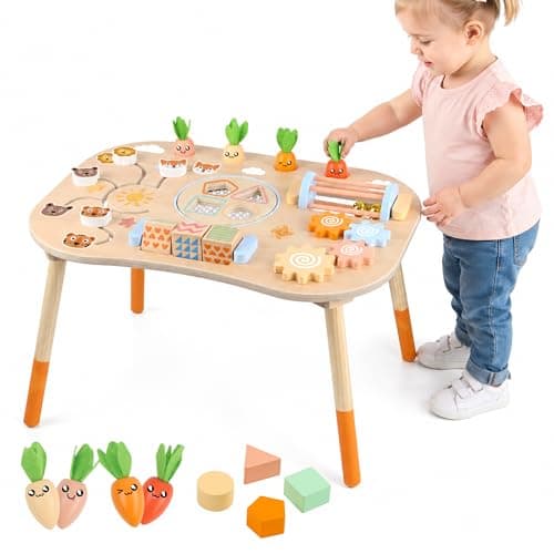 Ranqibo Wooden Activity Table, 6-in-1 Montessori Activity Table for Toddlers, Activity Center for Babies Aged 1–3, Sensory Toys, for Boys and Girls 1+ Years Old - Image 1
