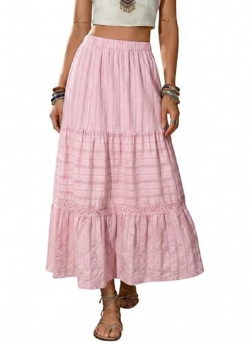 BLENCOT Women's Boho Tiered Maxi Skirt Cotton Gypsy Hippie Style Crochet Lace Long Skirts for Women Vacation and Beach Pink 2X-Large - Image 1
