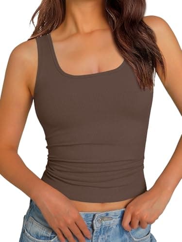 GKBK Women Built-in Bra Tank Tops Sleeveless Crewneck Rib Knit Shirts Slim Fit Basic Tee Tops Brown XXL - Image 1